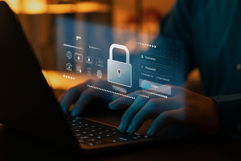 Remote employee using secure laptop on home Wi-Fi.